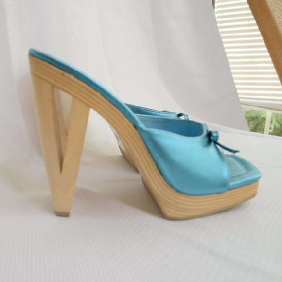 Y2K Platform Wooden Clog Shoes Satin Blue Sz 7 - Picture 5 of 10